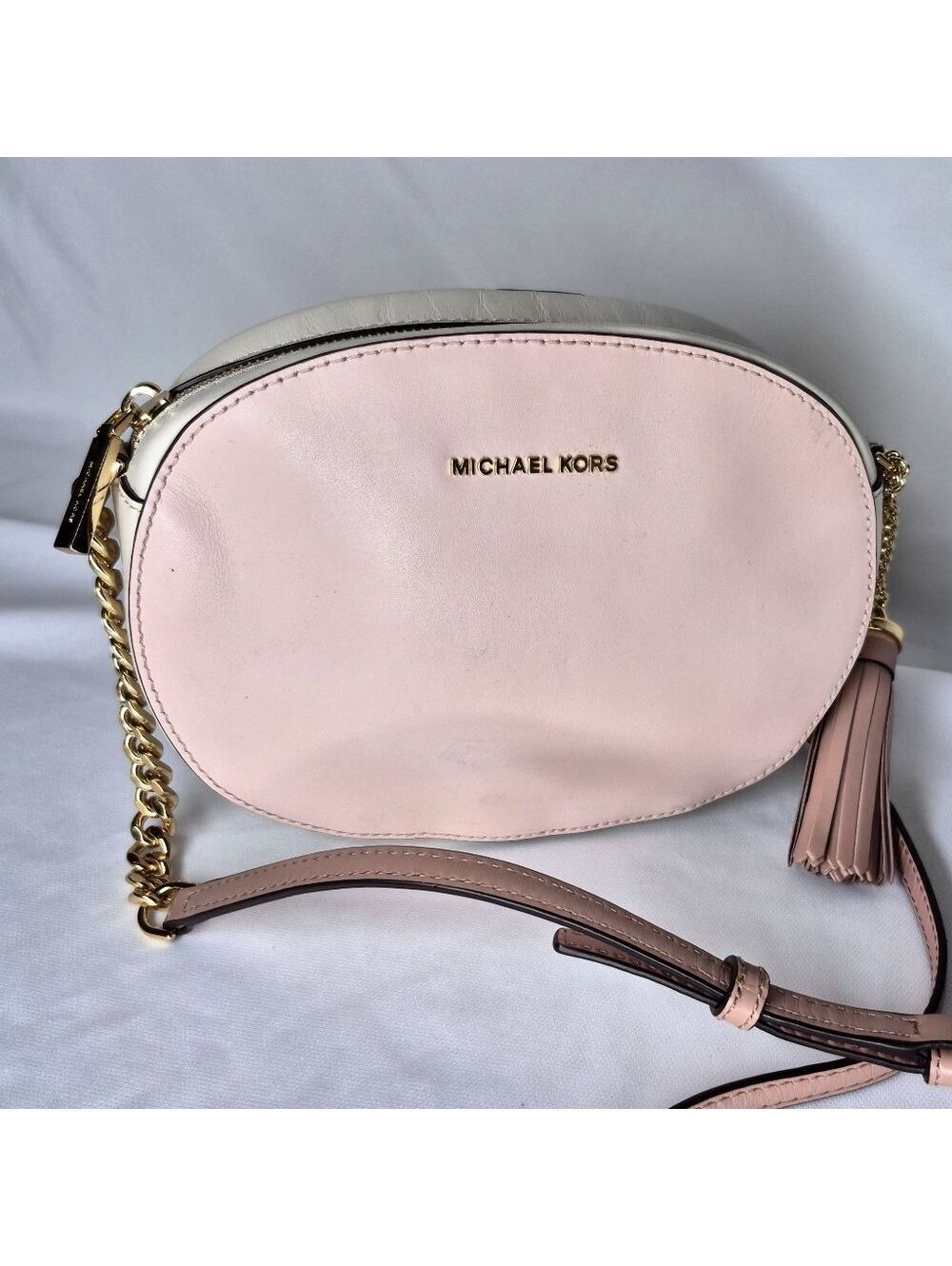 Michael Kors Ginny Pink White Leather Gold Tassel MK Logo Oval Zip Crossbody Bag